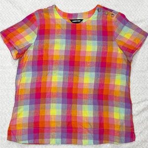 Lands' End Ladies Short Sleeve Linen Madras Plaid Popover Top Size Medium 10-12